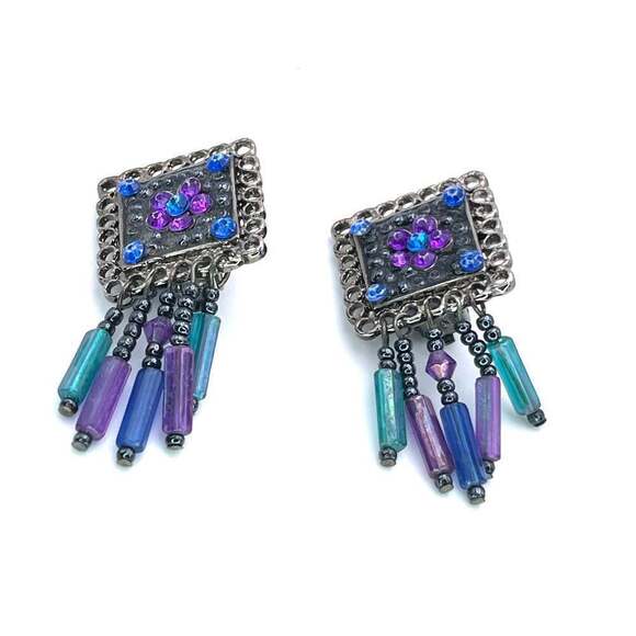 E166 | Clip-On Square Blue and Purple Beaded Earrings - Picture 1 of 3